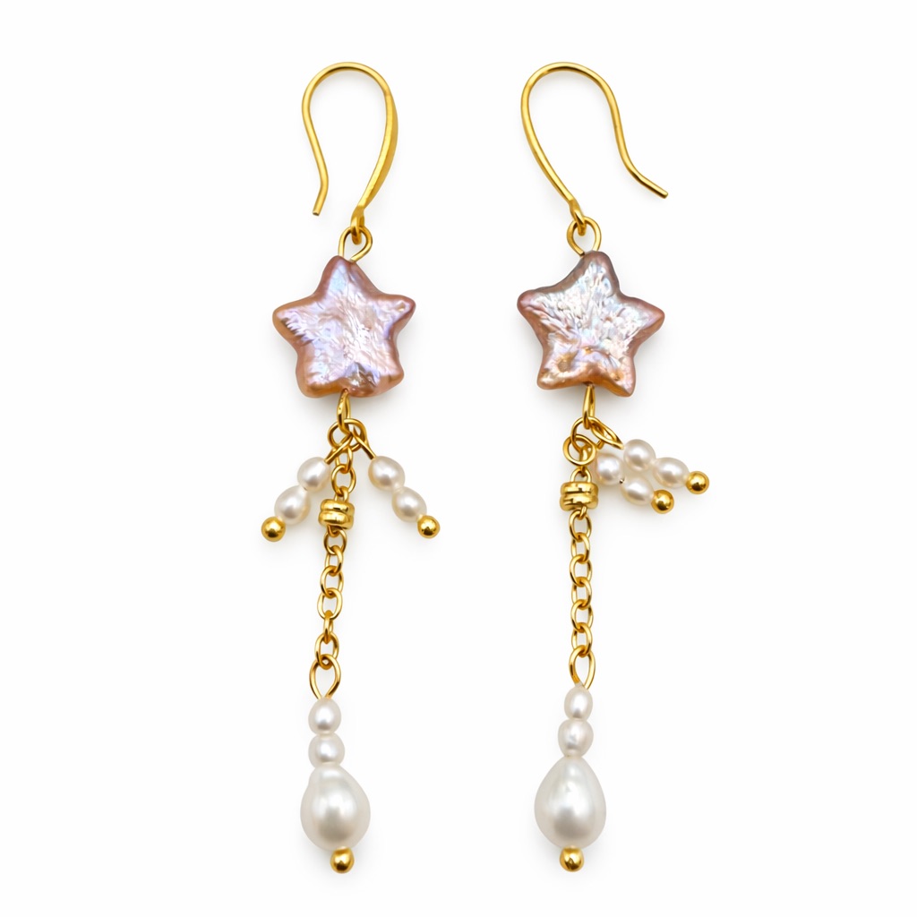S925 Pink Star Freshwater Pearl Dangle Earrings 80$
